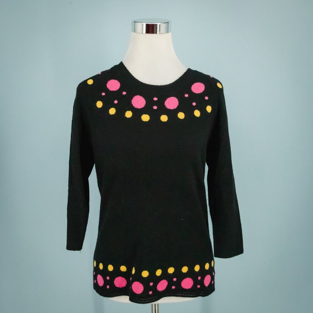 Milly Size Large L Black Polka Dot Print Crew 3/4 Sleeve Wool Cashmere Sweater